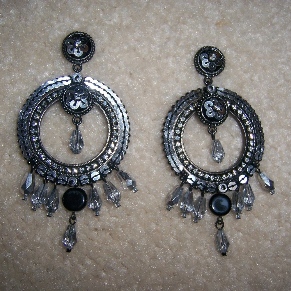 SATELLITE PARIS BLACK/ SILVER SEQUINS & CRYSTALS STATEMENT HOOP EARRINGS NEW